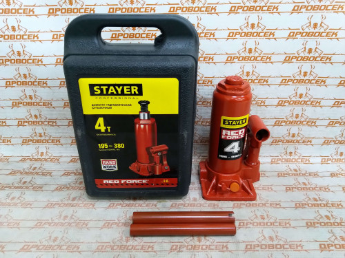 Домкрат гидравлический бутылочный STAYER RED FORCE Professional, в кейсе (4 тонны + высота: от 195 до 380 мм) / 43160-4-К