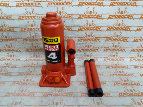 Домкрат гидравлический бутылочный STAYER RED FORCE Professional (4 тонны + высота: от 195 до 380 мм) / 43160-4