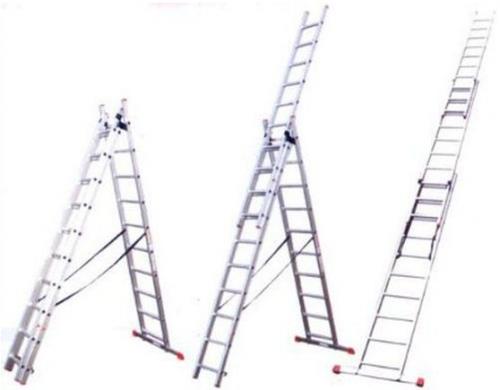 Лестница СИБИН  трехсекционная со стабилизатором, алюминиевая, 13 ступеней, 955 см  / 38833-13