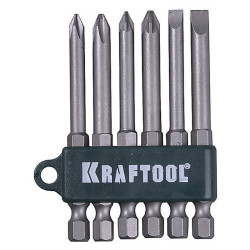 Набор бит KRAFTOOL, Cr-V сталь, 6 удлиненных бит х 75 мм, хвостовик E 1/4", 6 предметов, держатель для подвески / 26061-H6