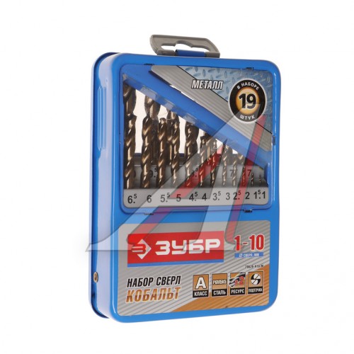 Набор сверл ЗУБР "КОБАЛЬТ" по металлу, 1-10 мм, 19 шт., металлический бокс / 29626-H19-M