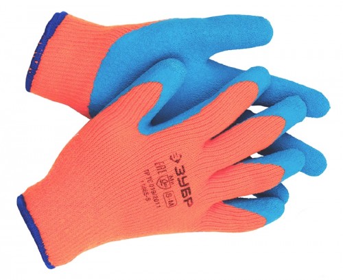 Перчатки трикотажные ЗУБР утепленные с рельефным латексным покрытием, серия "Эксперт", 10 класс, акрил, сигнальный цвет, S-M / 11465-S