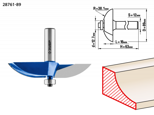 Фреза фигирейная №2, D= 89мм, рабочая длина-16мм, радиус-38,1мм, хв.-12мм, d-12,7мм, ЗУБР Профессионал / 28761-89