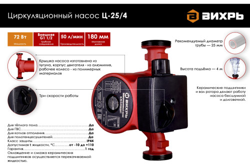 Циркуляционный насос Вихрь Ц-25/4 СТАНДАРТ 68/7/6