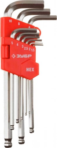 Набор ключей ЗУБР имбусовых длинных с шариком, "Мастер", HEX1.5-HEX10, 9 предметов / 27461-2